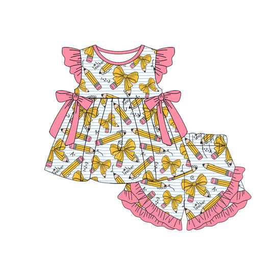 Baby Girls Pencils Stripe Collar Bows Tunic Ruffle Short Back to School Clothes Sets Preorder