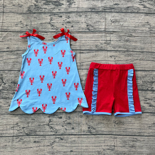 Baby Girls Sleeveless Crayfishes Scallop Tunic Ruffle Shorts Clothes Sets
