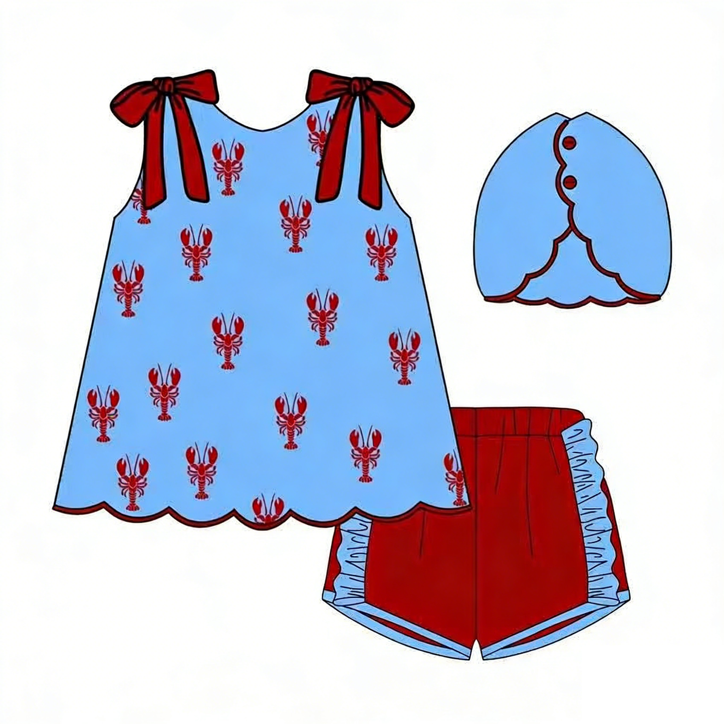 Baby Girls Sleeveless Crayfishes Back Button Tunic Ruffle Shorts Clothes Sets Preorder