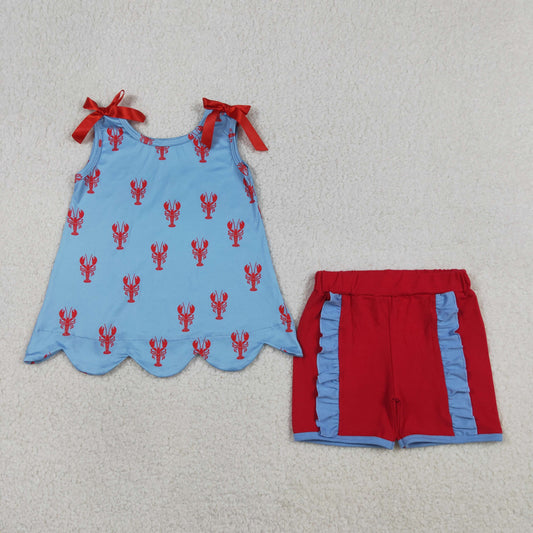 Baby Girls Sleeveless Crayfishes Scallop Tunic Ruffle Shorts Clothes Sets