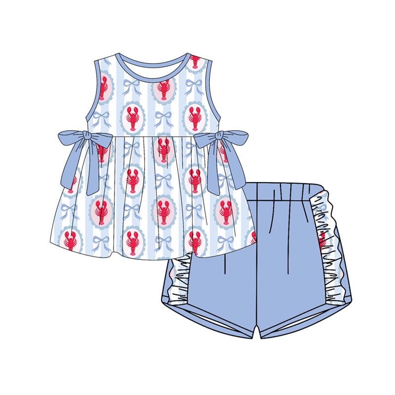 Baby Girls Bows Crayfishes Stripe Tunic Ruffle Shorts Clothes Sets Preorder