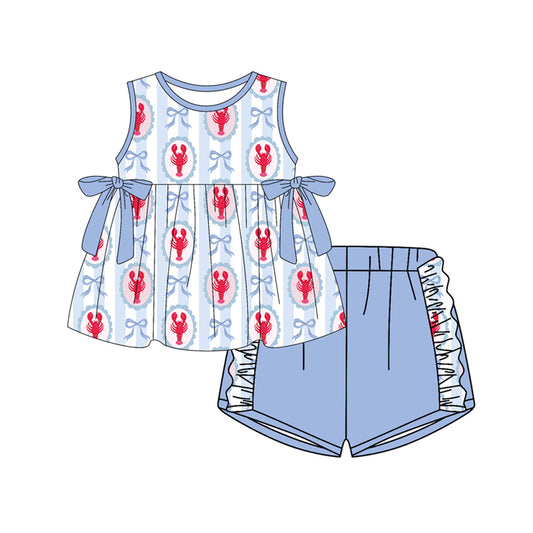 Baby Girls Bows Crayfishes Stripe Tunic Ruffle Shorts Clothes Sets Preorder