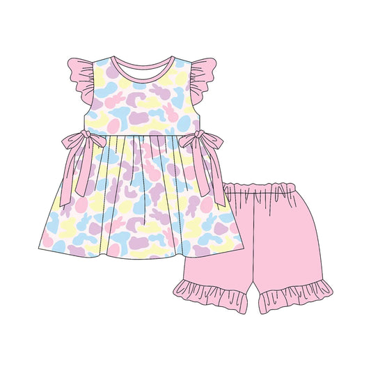 Baby Girls Colorful Rabbits Camo Bows Tunic Ruffle Short Easter Clothes Sets Preorder