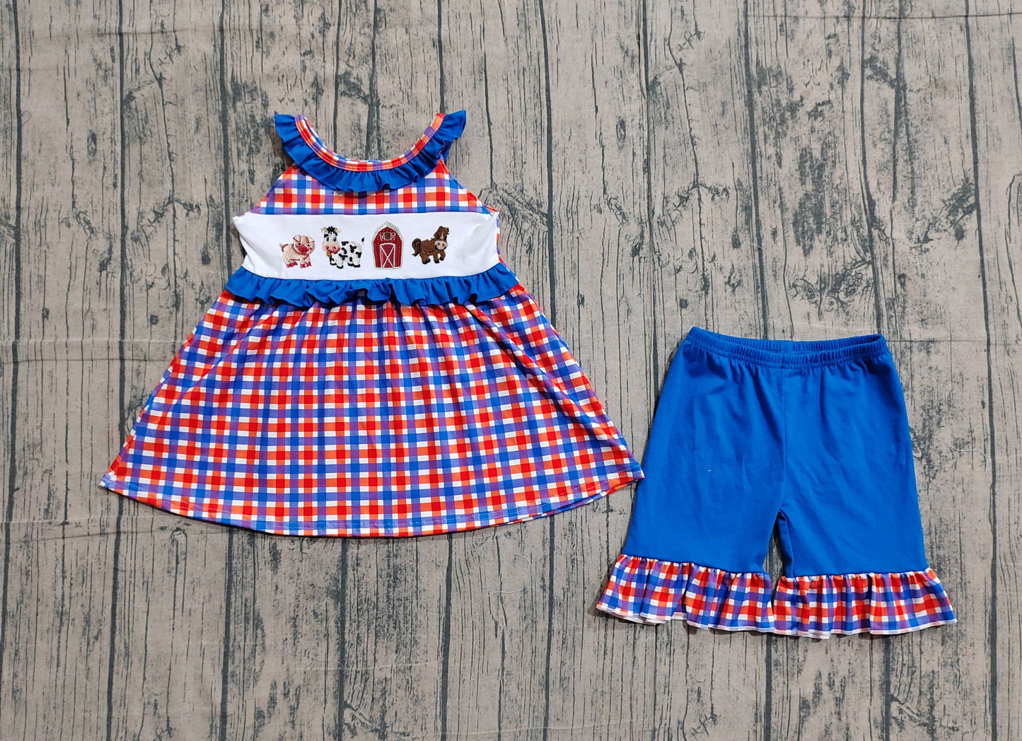 Embroidery Farm Baby Girls Checked Tunic Ruffle Shorts Clothes Sets Preorder