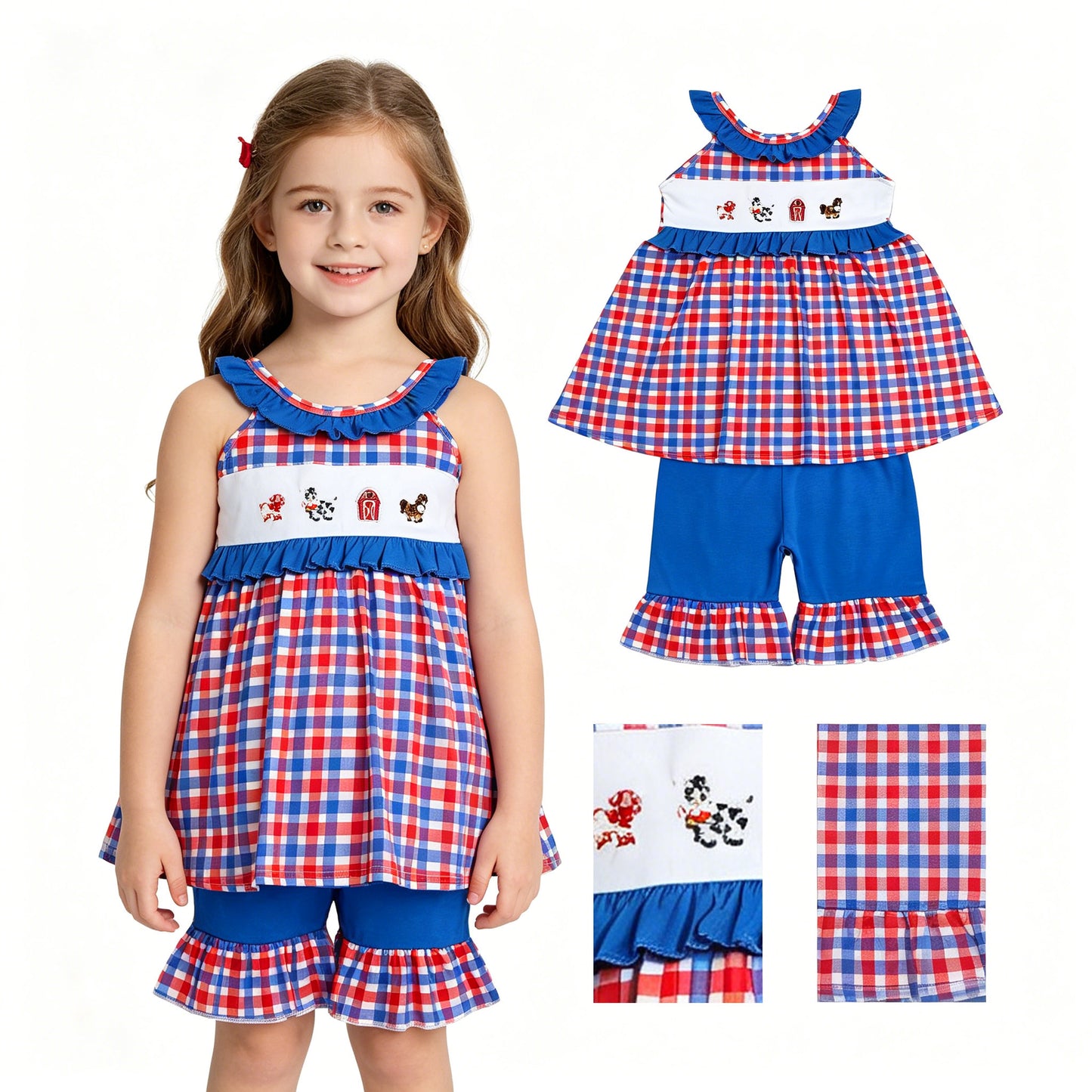 Embroidery Pigs House Baby Girls Checked Tunic Ruffle Shorts Farm Clothes Sets