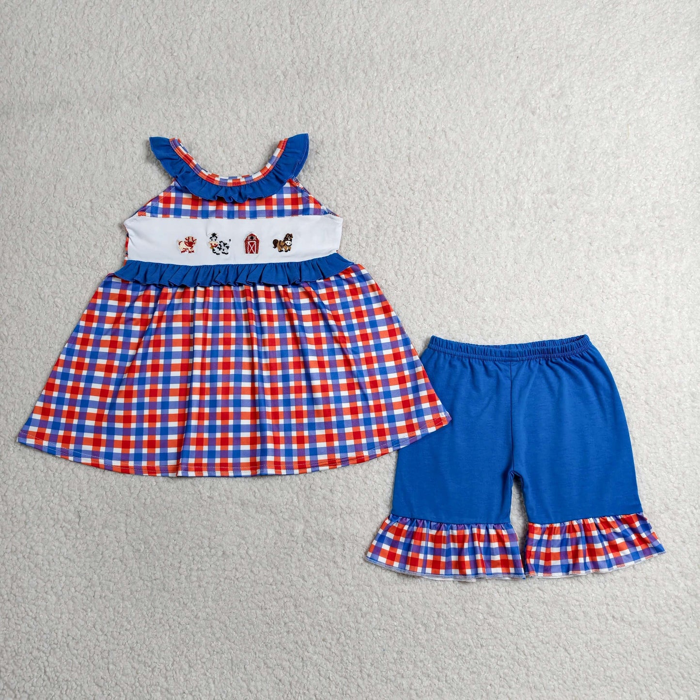 Embroidery Pigs House Baby Girls Checked Tunic Ruffle Shorts Farm Clothes Sets