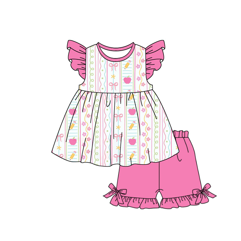 Baby Girls Apples Pencils Stripe Tunic Ruffle Shorts Back to School Clothes Sets Preorder