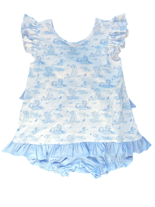 Baby Girls Blue Dogs Flowers Tunic Ruffle Shorts Hunting Clothes Sets Preorder
