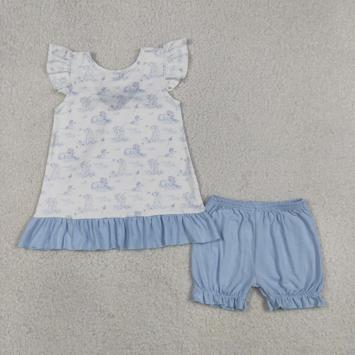 Baby Girls Flutter Sleeve Dogs Butterfly Back Bow Tunic Ruffle Short Clothes Sets