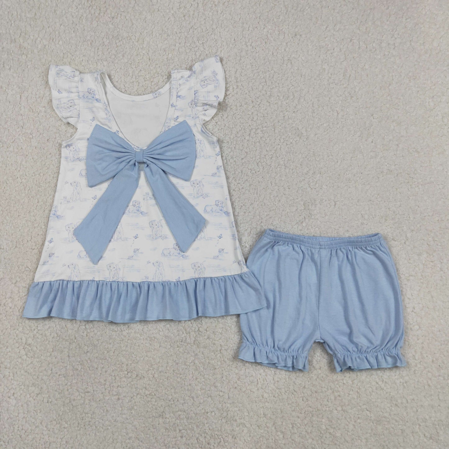 Baby Girls Flutter Sleeve Dogs Butterfly Back Bow Tunic Ruffle Short Clothes Sets