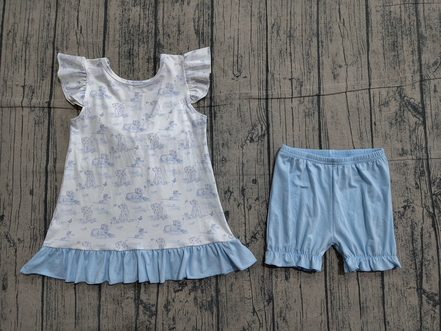 Baby Girls Flutter Sleeve Dogs Butterfly Back Bow Tunic Ruffle Short Clothes Sets