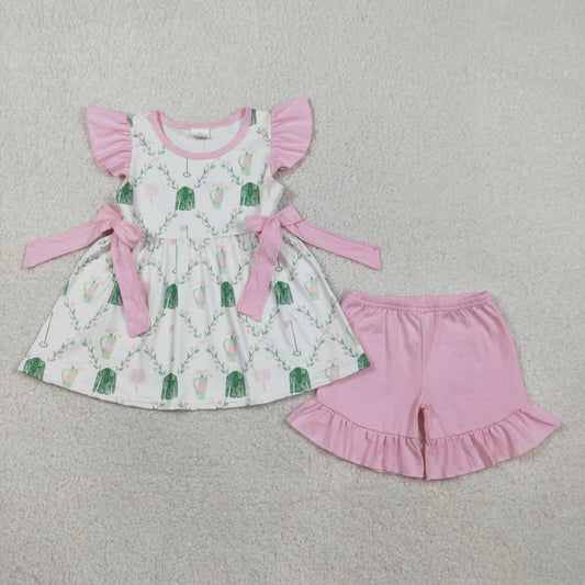 Sibling Baby Girls Pink Flower Golf Checked Tunic Ruffle Shorts Clothes Set Rompers