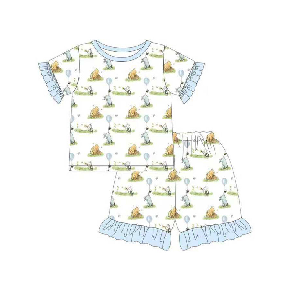 Baby Girls Bears Balloons Top Ruffle Shorts Pajamas Clothes Sets Preorder