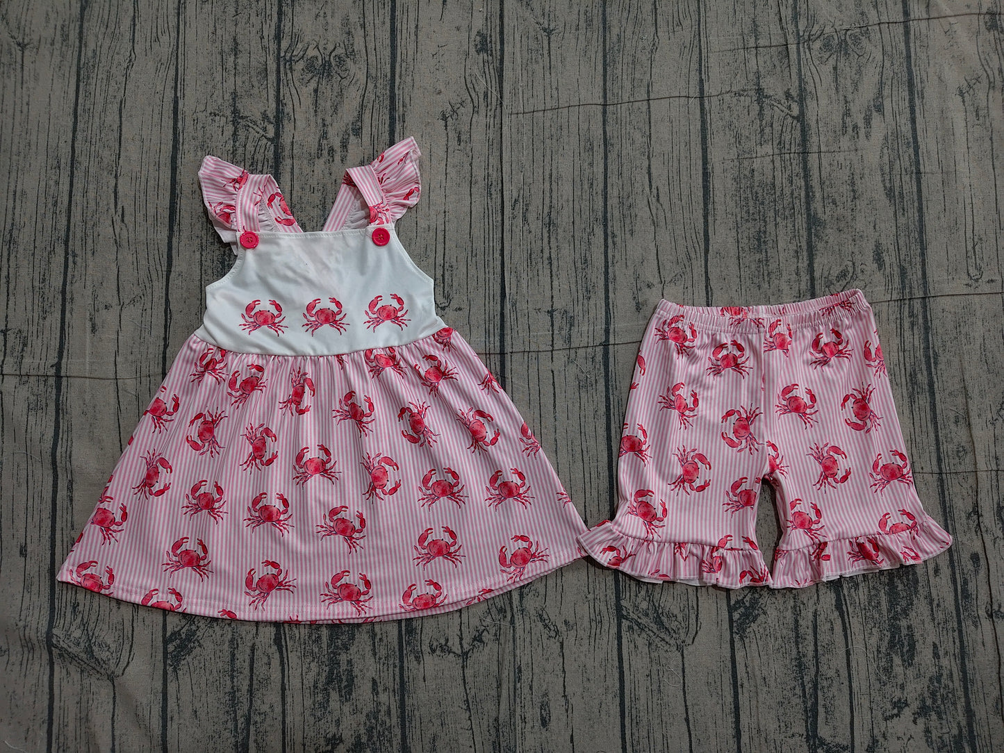 Baby Girls Flutter Sleeve Pink Stripe Crabs Tunic Ruffle Shorts Clothes Sets
