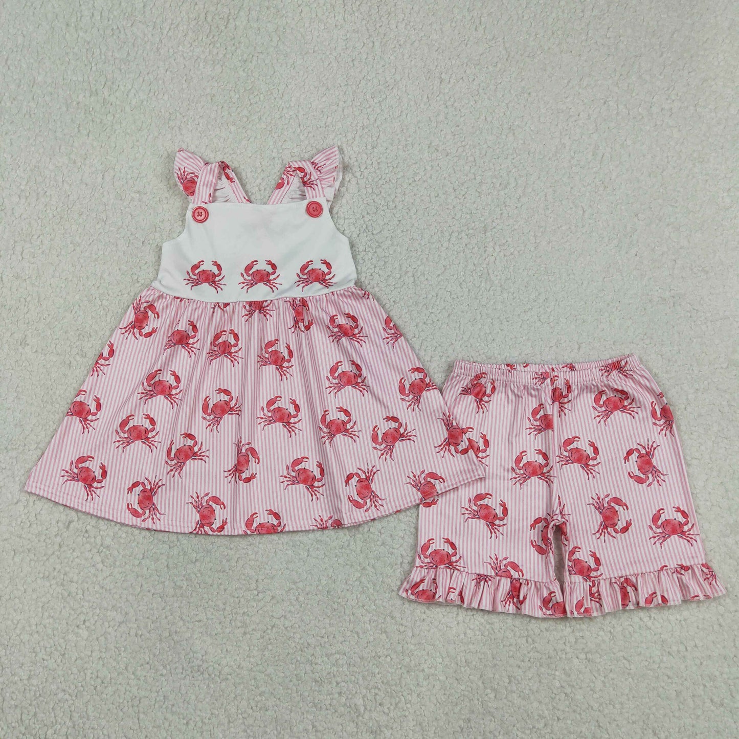 Baby Girls Flutter Sleeve Pink Stripe Crabs Tunic Ruffle Shorts Clothes Sets