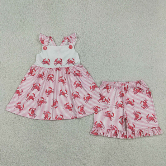 Baby Girls Flutter Sleeve Pink Stripe Crabs Tunic Ruffle Shorts Clothes Sets