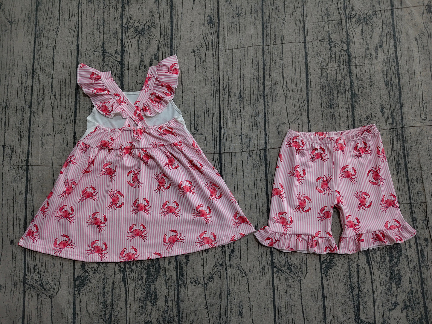 Baby Girls Flutter Sleeve Pink Stripe Crabs Tunic Ruffle Shorts Clothes Sets