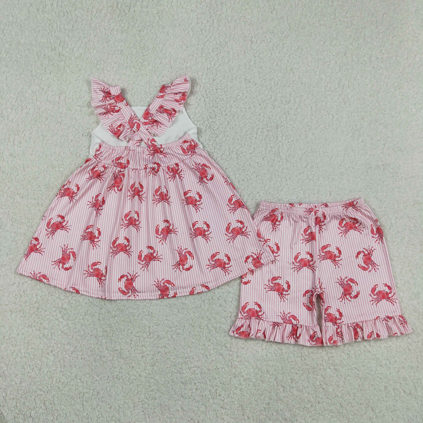 Baby Girls Flutter Sleeve Pink Stripe Crabs Tunic Ruffle Shorts Clothes Sets
