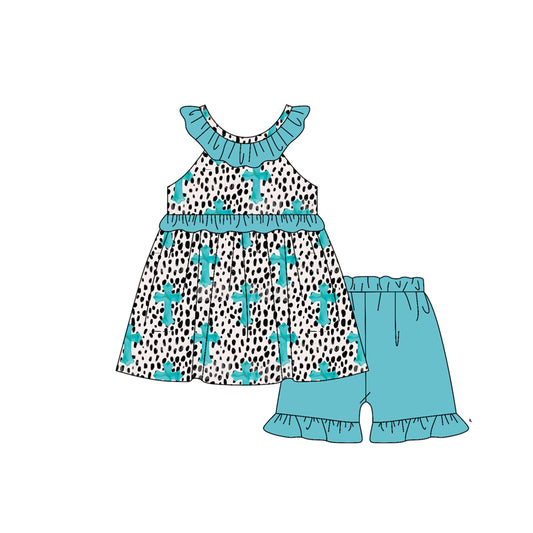 Baby Girls Leopard Crosses Collar Tunic Ruffle Shorts Easter Clothes Sets Preorder