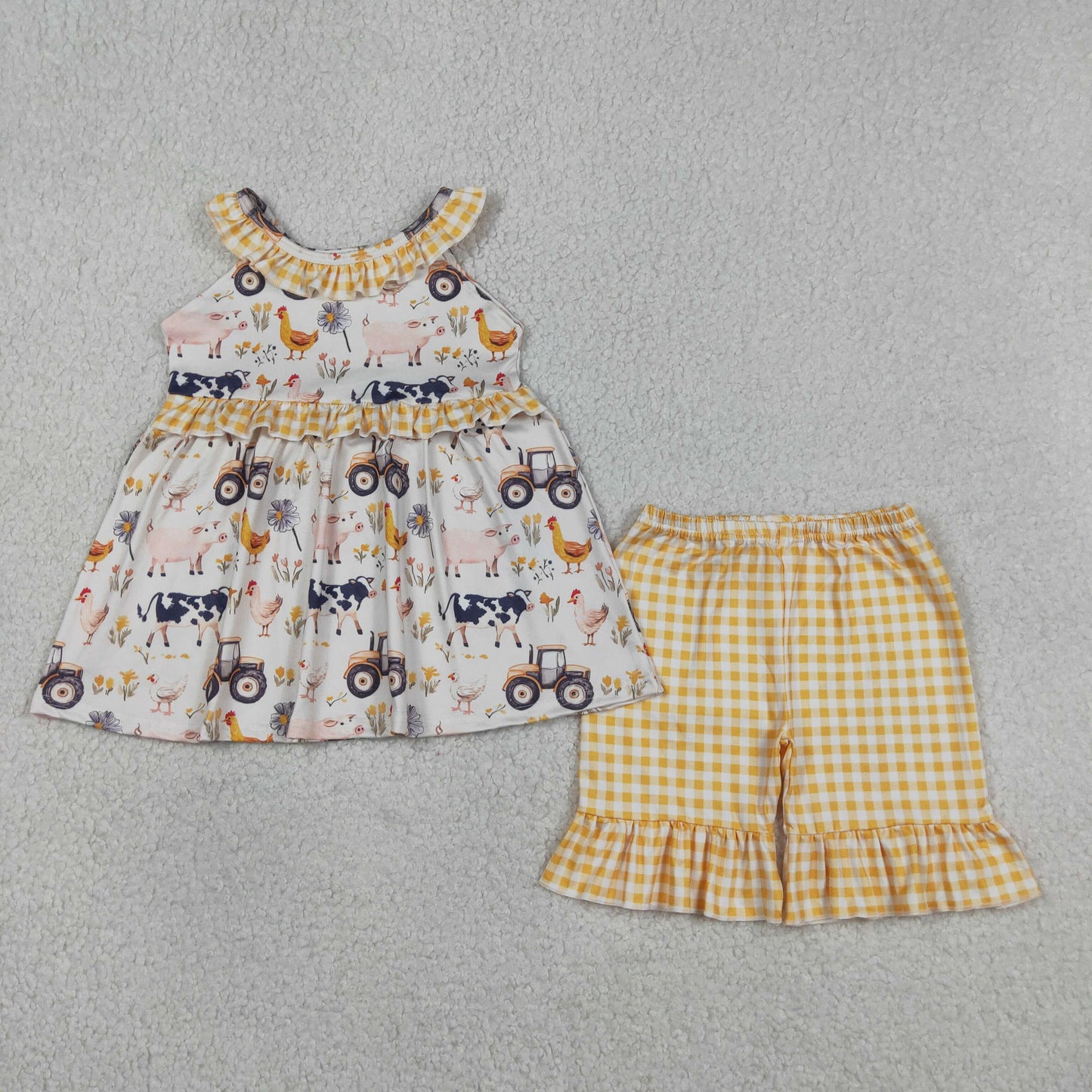 Sibling Baby Girls Sleeveless Pigs Cows Tunic Ruffle Short Farm Clothes Set Rompers
