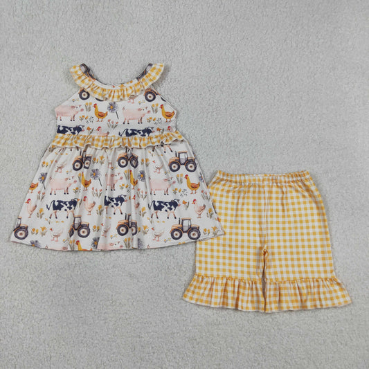 Baby Girls Sleeveless Cows Trucks Tunic Ruffle Shorts Farm Clothes Sets