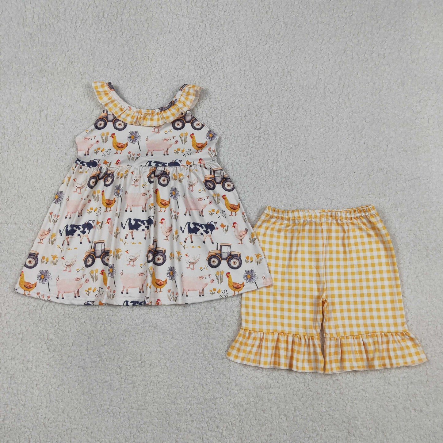 Baby Girls Sleeveless Cows Trucks Tunic Ruffle Shorts Farm Clothes Sets