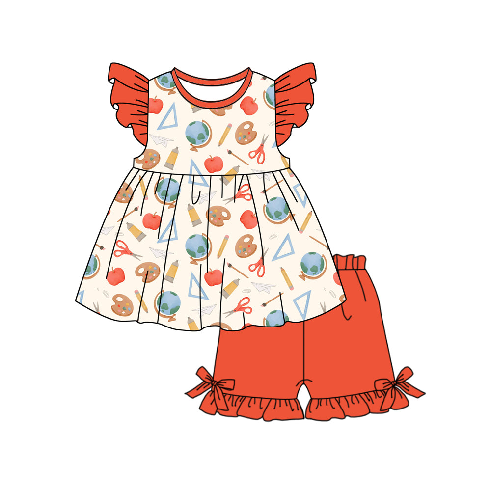 Baby Girls Apple Pencils Tunic Ruffle Shorts Back to School Clothes Sets Preorder