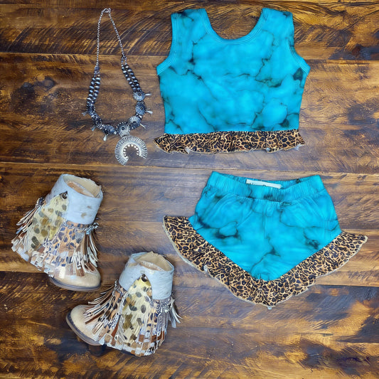 Baby Girls Blue Sleeveless Leopard Vest Top Ruffle Shorts Western Clothes Sets Preorder