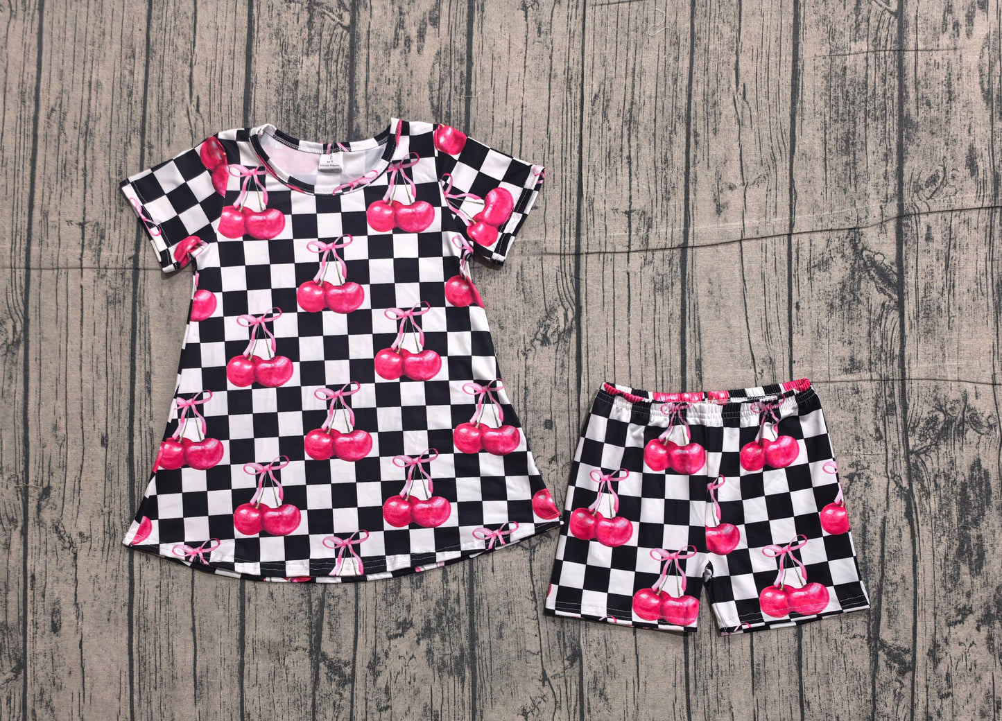 Baby Girls White Black Checked Cherry Tunic Shorts Clothes Sets