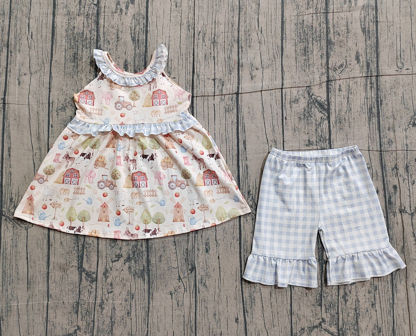 Baby Girls Sleeveless Pigs Cows Tunic Ruffle Checked Shorts Farm Clothes Sets