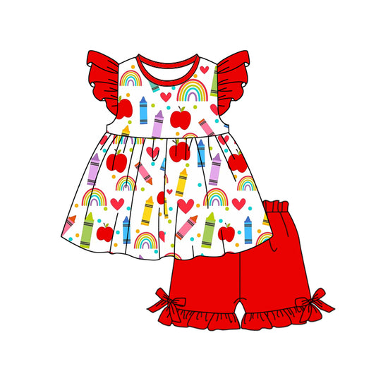 Baby Girls Apples Pencils Tunic Ruffle Shorts Back to School Clothes Sets Preorder