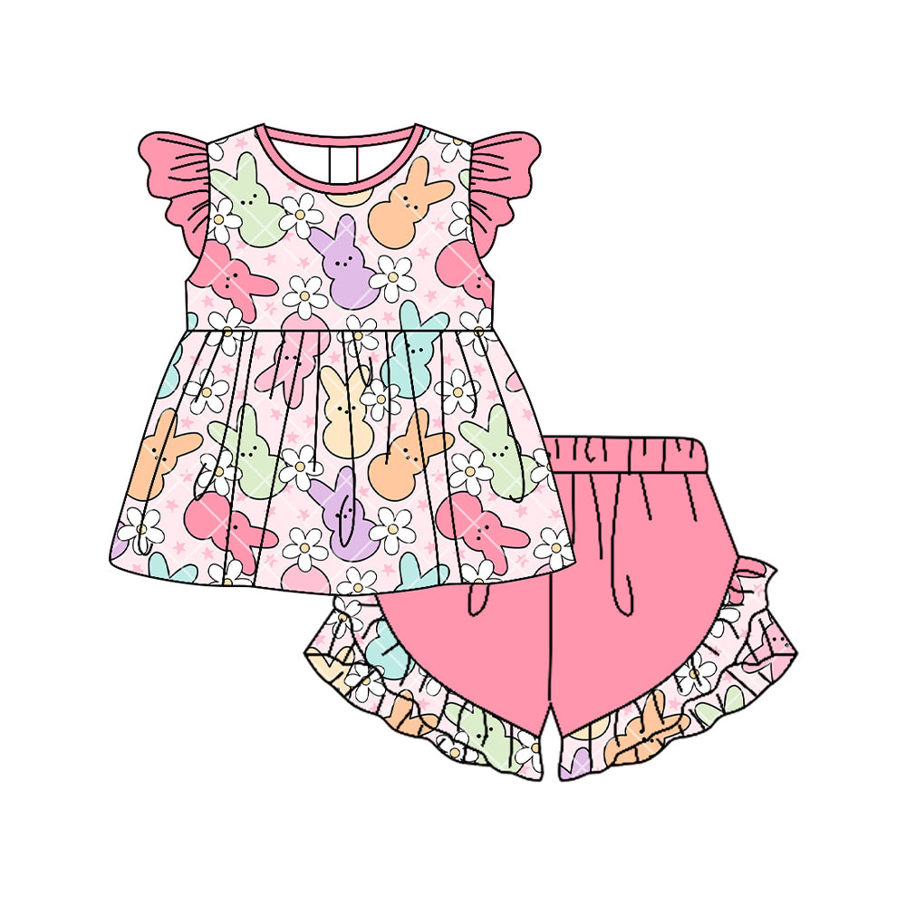 Baby Girls Flowers Rabbits Tunic Ruffle Shorts Easter Clothes Sets