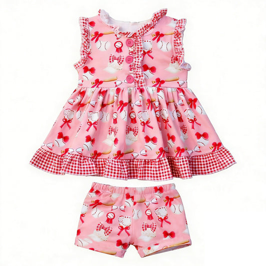 Baby Girls Bows Baseballs Button Tunic Shorts Team Clothes Sets