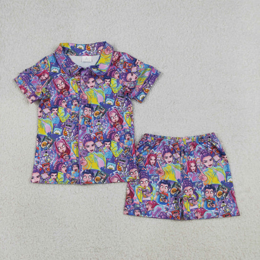 Baby Girls Demon Hunter Button Top Shorts Pajamas Sets