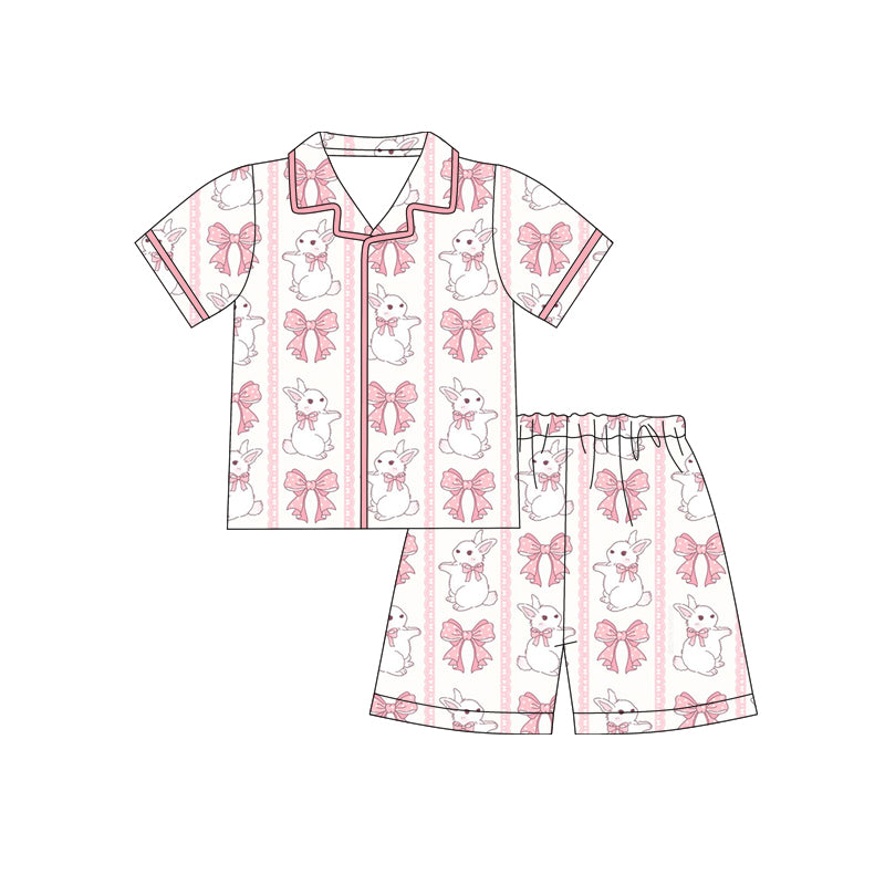 Baby Girls Pink Bows Rabbits Stripe Button Top Shorts Easter Pajamas Sets Preorder
