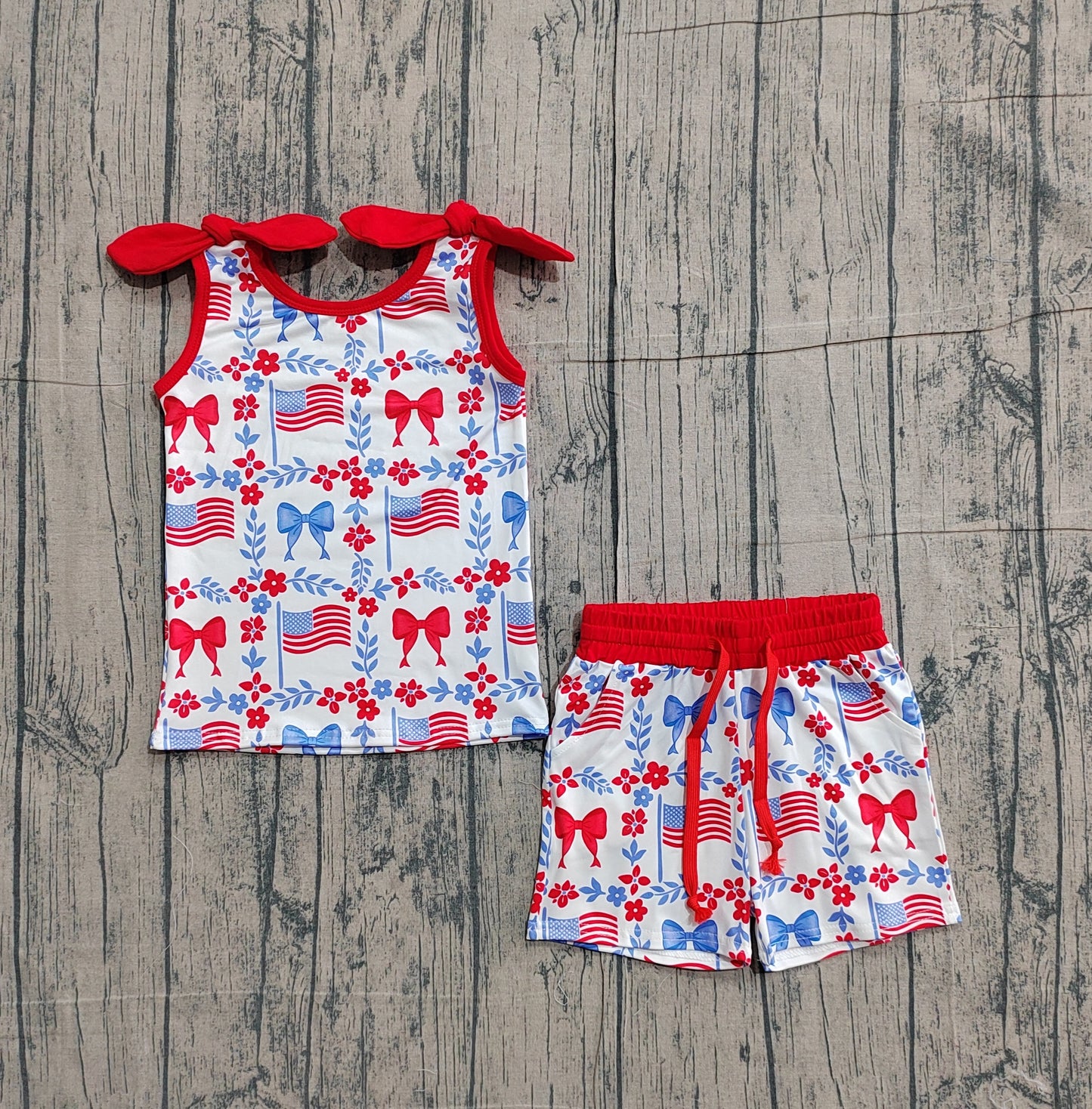 Baby Girls Red Blue Flowers Flags Top Pockets Short 4th of July Clothes Sets
