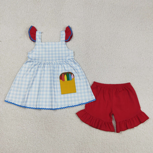 USA Shop Baby Girls Embroidery Pencils Checked Tunic Ruffle Short Back to School Clothes Set