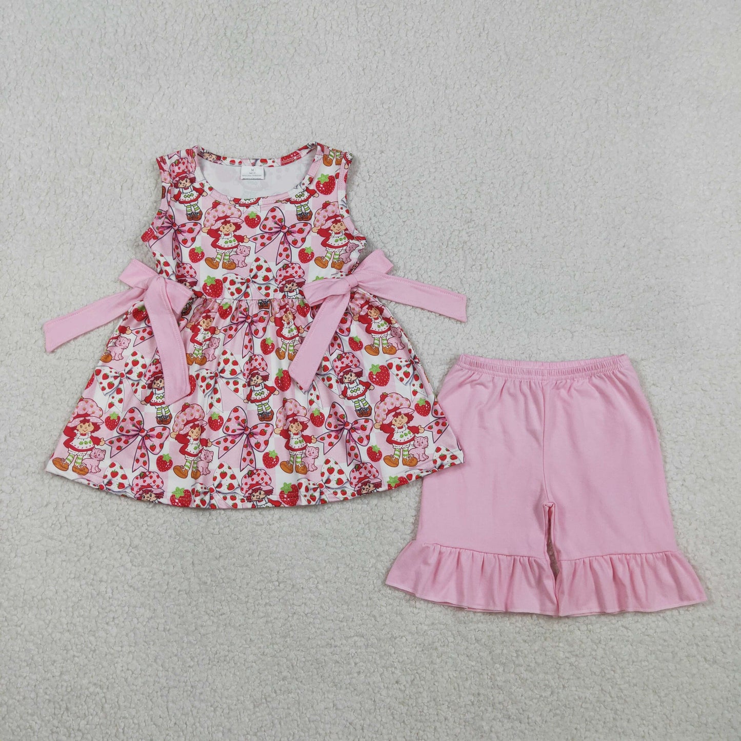 Baby Sleeveless Pink Checked Strawberry Girls Tunic Ruffle Shorts Clothes Sets