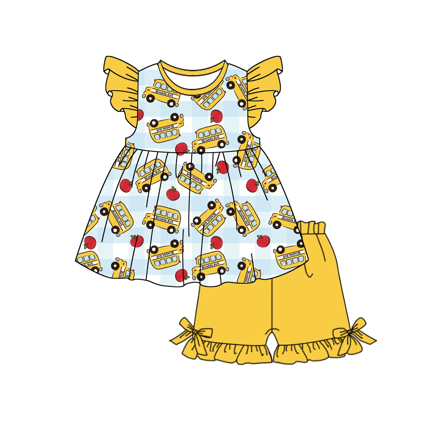 Baby Girls Flutter Sleeve Apples Buses Tunic Ruffle Short Back to School Clothes Sets Preorder