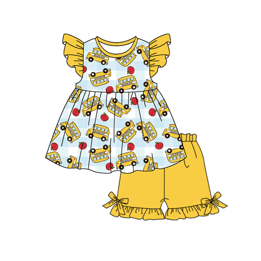 Baby Girls Flutter Sleeve Apples Buses Tunic Ruffle Short Back to School Clothes Sets Preorder