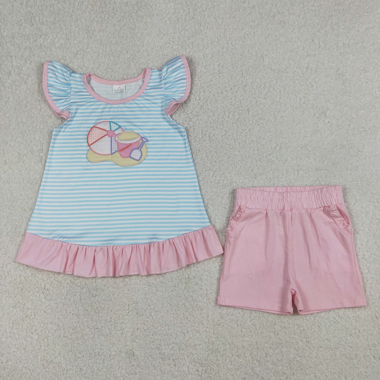 Sibling Baby Boys Girls Embroidery Beach Stripe Top Short Clothes Sets