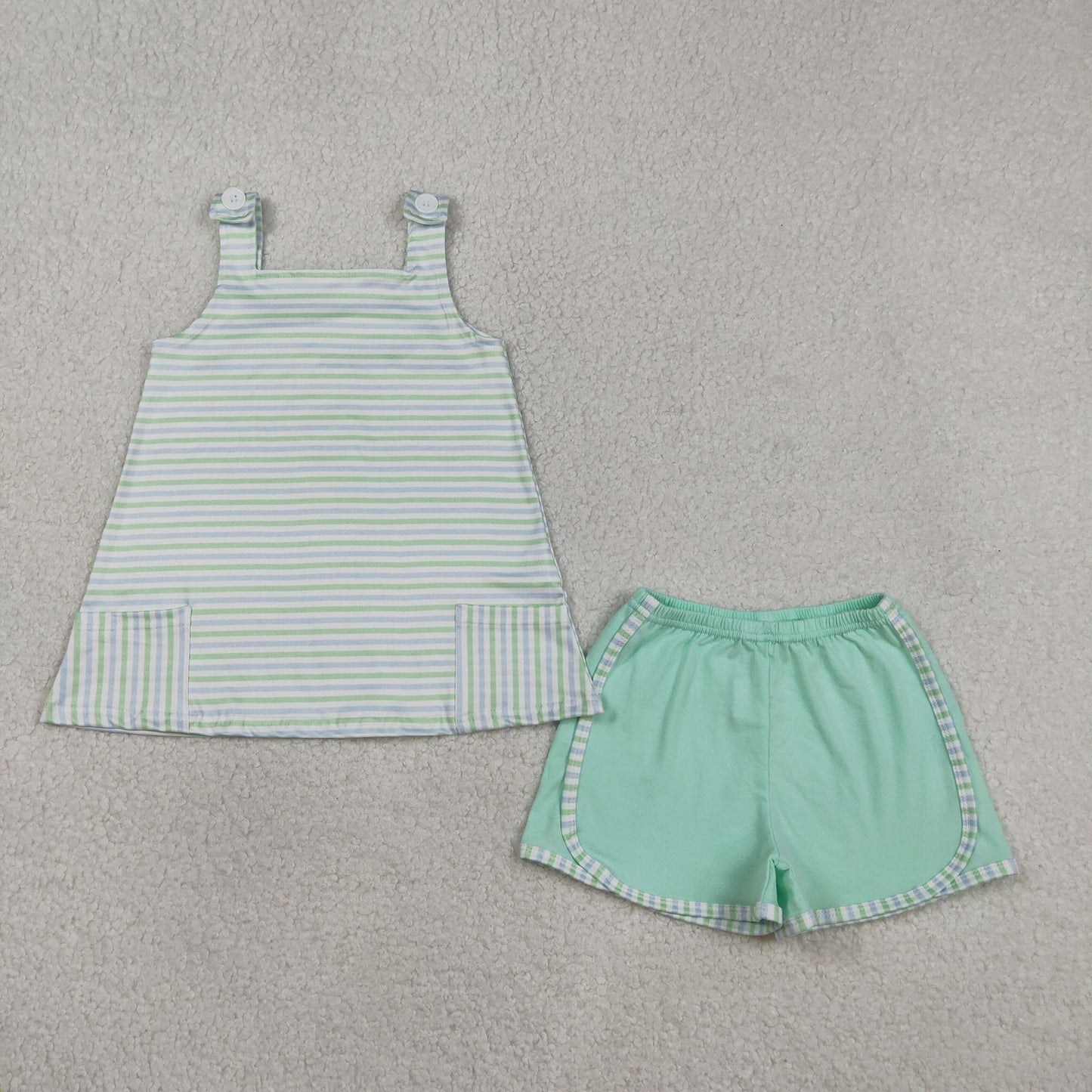 Baby Girls Strap Green Stripe Pockets Tunic Shorts Clothes Sets