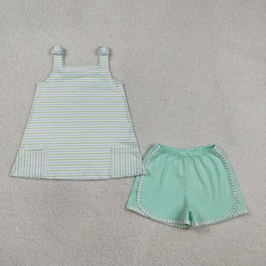 Baby Girls Strap Green Stripe Pockets Tunic Shorts Clothes Sets