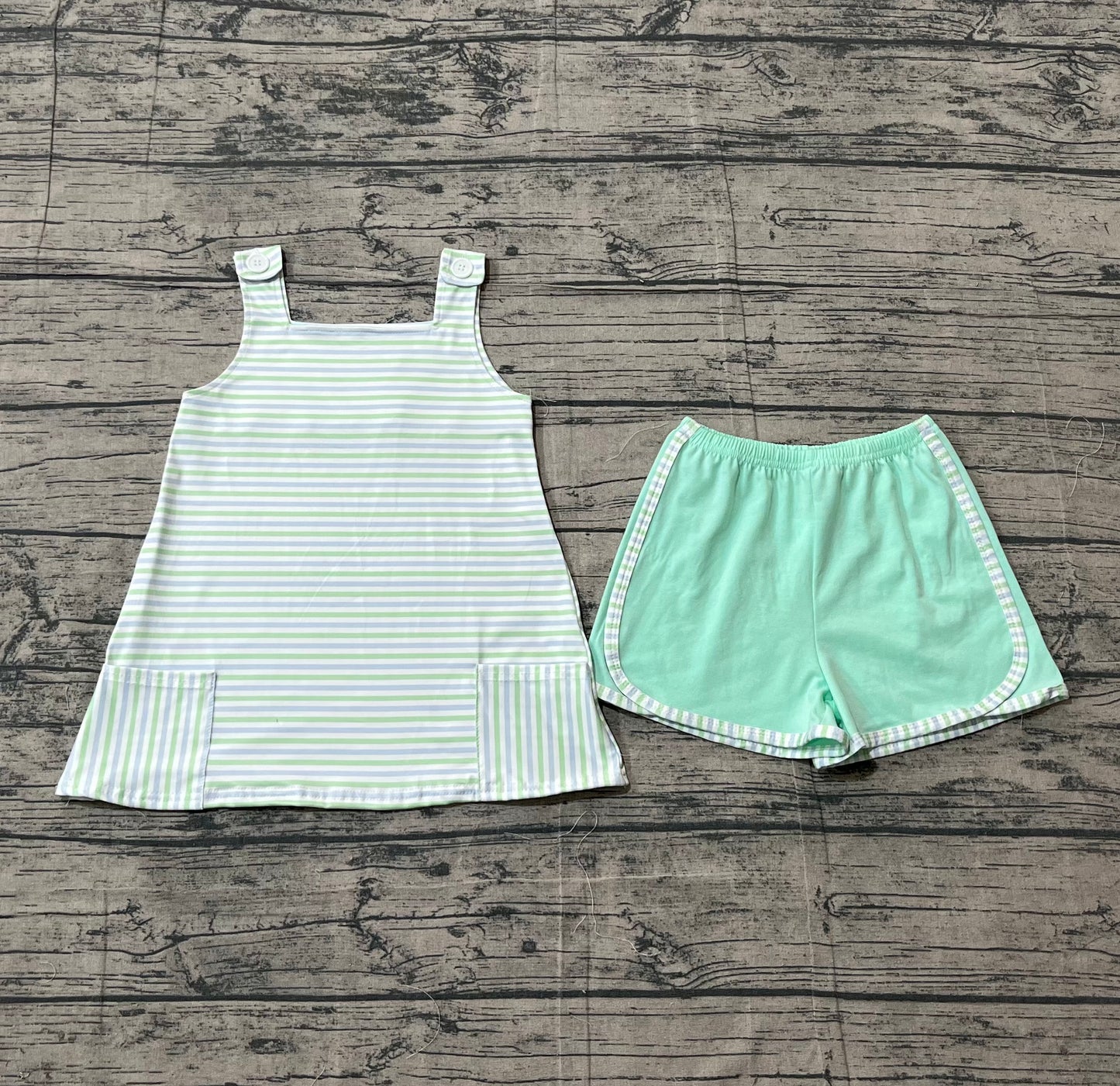 Baby Girls Strap Green Stripe Pockets Tunic Shorts Clothes Sets Preorder