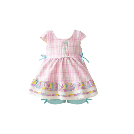 Baby Girls Pink Checked Flowers Button Tunic Shorts Clothes Sets Preorder