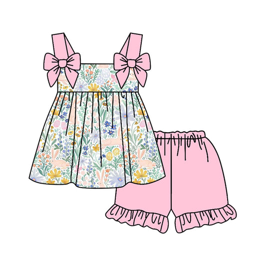 Baby Girls Bows Strap Flower Rabbits Tunic Ruffle Shorts Easter Clothes Sets Preorder