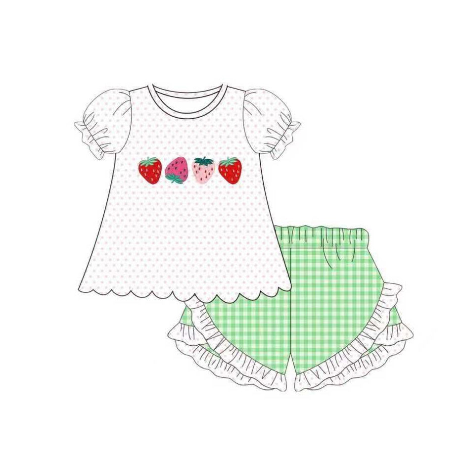 Baby Girls Polka Dots Strawberry Tunic Checked Ruffle Shorts Clothes Sets Preorder