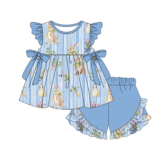 Baby Girls Blue Stripe Carrot Rabbits Tunic Ruffle Shorts Easter Clothes Sets Preorder