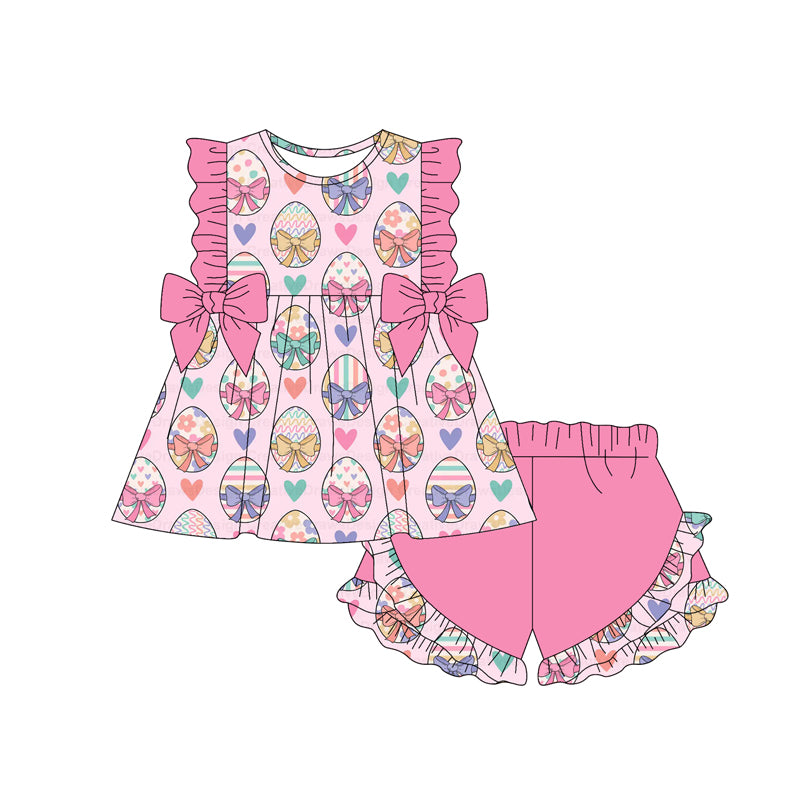 Baby Girls Colorful Hearts Eggs Bows Tunic Ruffle Shorts Easter Clothes Sets Preorder