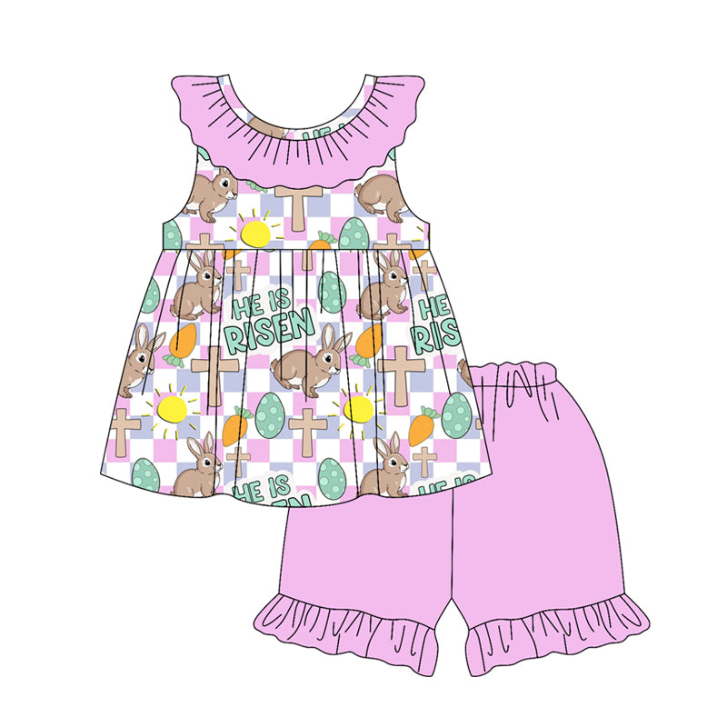 Baby Girls Pink Checked Cross Rabbits Tunic Ruffle Shorts Easter Clothes Sets Preorder